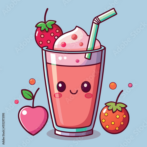 Adorable cartoon strawberry smoothie with whipped cream and cute fruit decorations