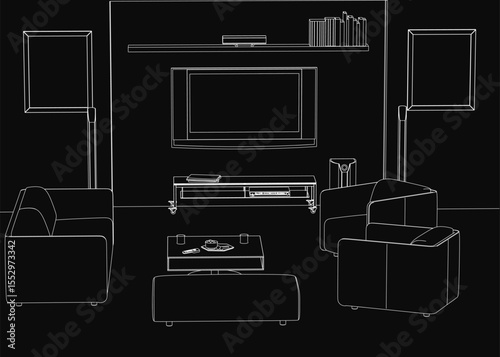 A black and white outline drawing of a cozy living room featuring sofas, a table with books, and a wall-mounted flat screen TV. The simple yet detailed interior sketch creates an inviting atmosphere.