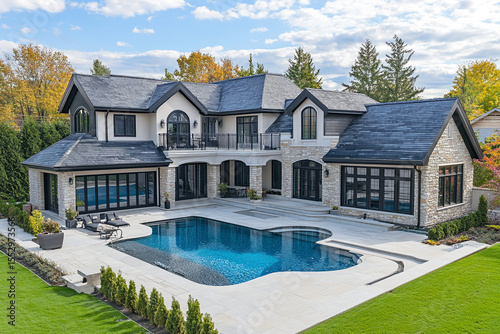 A luxurious residential estate showcases an expansive outdoor swimming pool, contemporary architecture, and lush landscaping under a sunny sky.