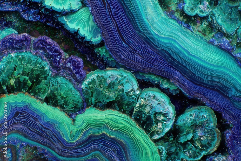 Obraz premium Close-up of polished azurite-malachite slab with swirling blue and green patterns, revealing botryoidal textures and crystal structures. Mineral detailed background, geological wallpaper