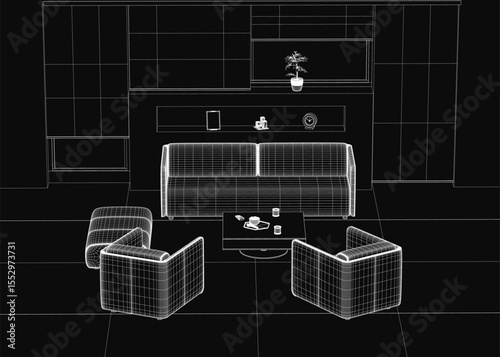 Black and white outline drawing of a cozy living room featuring a sofa, two armchairs, and a coffee table with cups and saucers. A houseplant and decorative objects complete the minimalist interior.