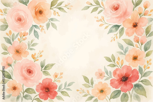 Vintage floral background with romantic pink roses, elegant frame, and decorative hearts for a wedding or Valentine's Day card design