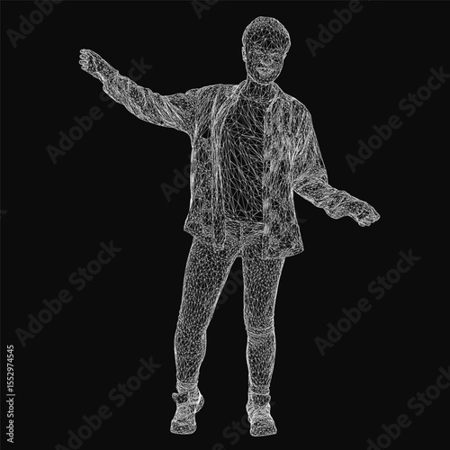 A wireframe man laughs joyfully with arms outstretched against a dark background, showcasing a minimalist 3D human figure. The dynamic pose conveys excitement and energy, perfect for digital and tech.