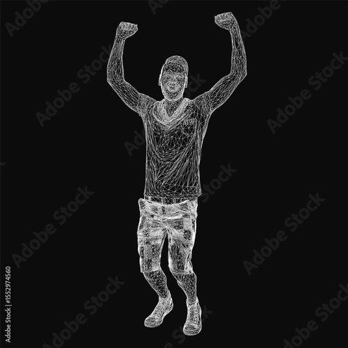 A joyful man celebrates with arms raised high, laughing against a dark backdrop. His expression radiates happiness and triumph, conveying a moment of pure elation.