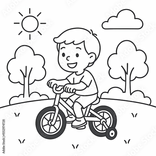 Black and white illustration of a young boy riding a bicycle with training wheels on a sunny day, ideal for coloring books.
