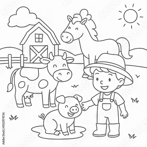 Black and white farm scene featuring a child with a pig, cow, and horse near a barn, perfect for kids' coloring activities.
