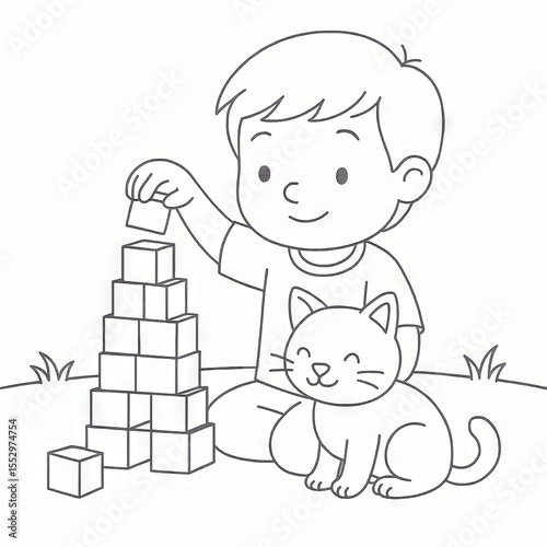 Child Building Blocks with Cat Coloring Page
