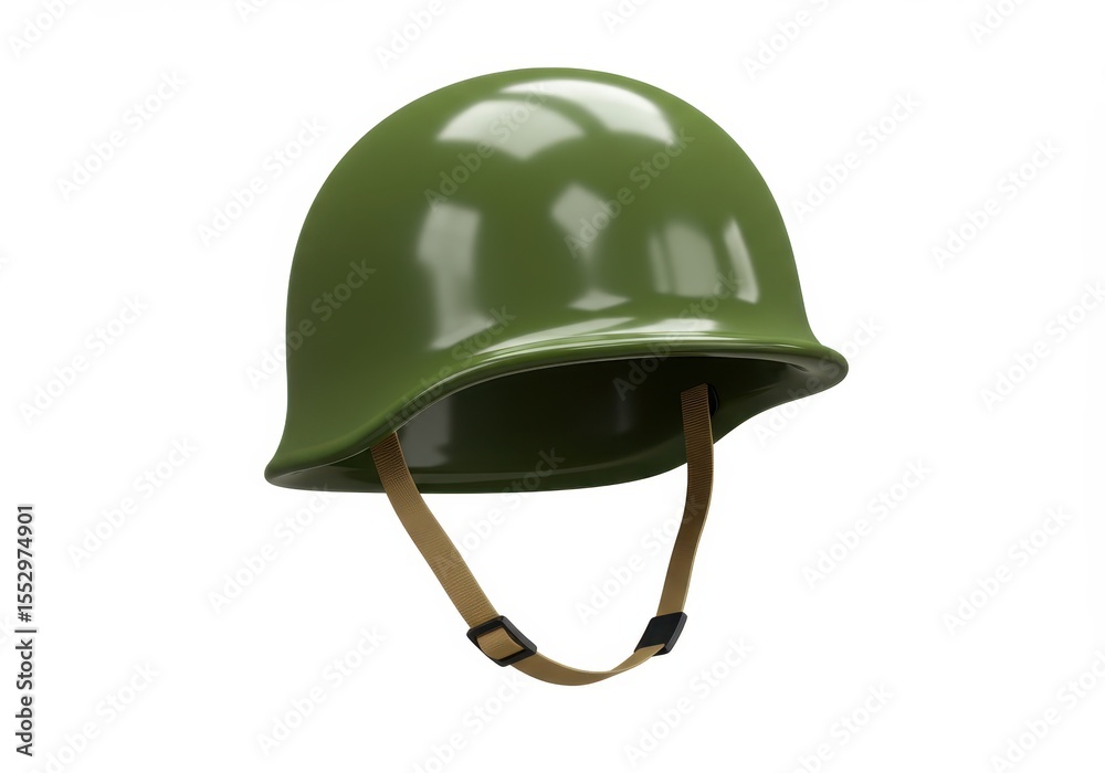 Fototapeta premium Olive green military helmet with tan strap on a white background