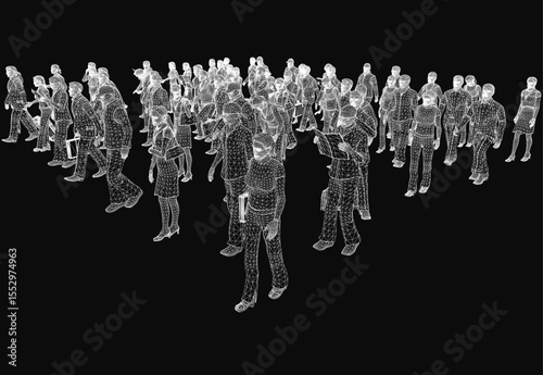 A large group of animated people standing in a line on a black background, creating a dynamic sense of movement. The figures are stylized with smooth motion effects, emphasizing unity and flow.