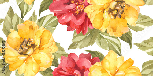 Fototapeta Naklejka Na Ścianę i Meble -  Watercolor blooms in pink, red, and yellow create a rhythmic floral pattern, layered with fresh greenery vibrant tones and natural flow bring this lively scene to life
