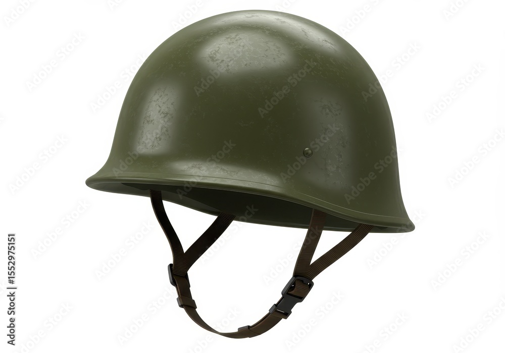 Fototapeta premium Olive green military helmet with chinstrap on a white background, studio shot