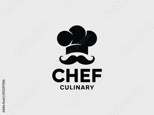 Black Chef Hat Mustache and Text Culinary Logo cooking