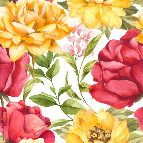 Fototapeta Naklejka Na Ścianę i Meble -  Watercolor blooms in pink, red, and yellow create a rhythmic floral pattern, layered with fresh greenery vibrant tones and natural flow bring this lively scene to life