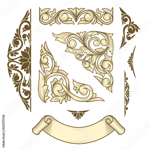 Set of vintage floral ornate design elements