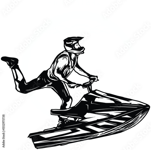  Photo of a man riding a jetski, isolated on white background