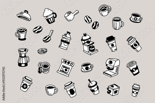 A collection of hand-drawn coffee illustrations, including coffee cups, mugs, brewing equipment, beans, and creative coffee art. Ideal for branding, packaging, menus, and other uses