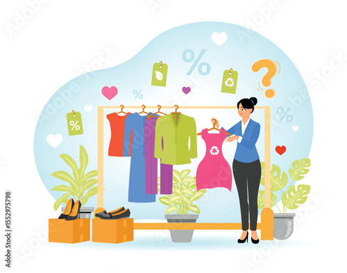 Eco Friendly Fashion. Woman Shopping for Sustainable Clothing with Eco-Friendly Items and Discounts.