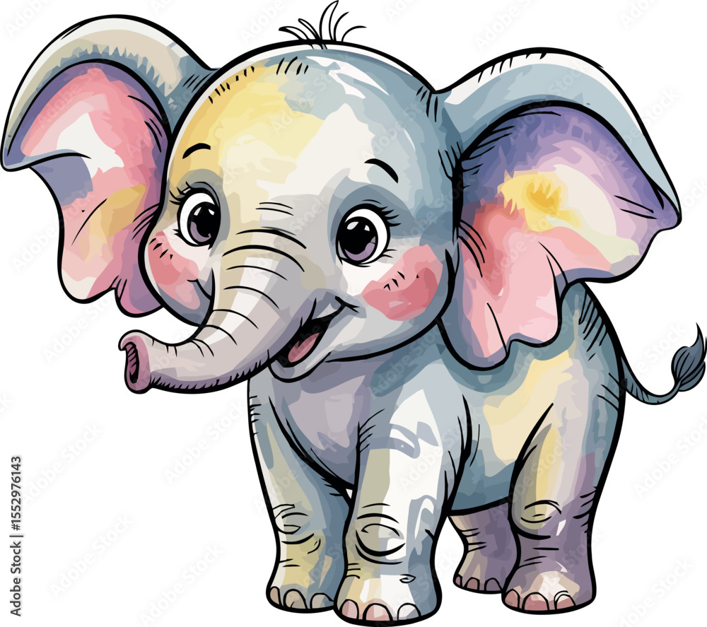 Fototapeta premium A playful baby elephant is captured in this delightful watercolor illustration. With large, floppy ears and a trunk raised in a happy gesture, the little elephant exudes joy.