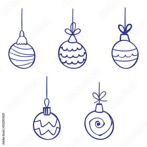 Christmas ball icon set. Outline blue marker ink contour, doodle sketch hand drawn blob stroke line. Hanging toy collection. Festive ornament, new year party graphic web design. Vector illustration