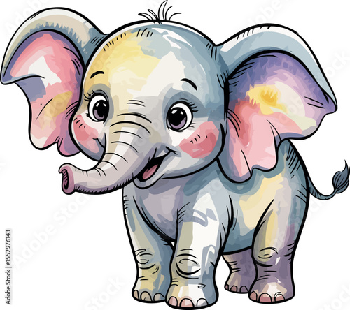 A playful baby elephant is captured in this delightful watercolor illustration. With large, floppy ears and a trunk raised in a happy gesture, the little elephant exudes joy.
