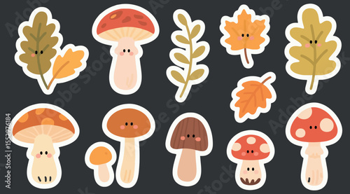 Whimsical Autumnal Stickers Adorned with Cute Faces Featuring Mushrooms and Leaves on a Dark Background