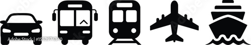 Black Silhouette Icons of Car Bus Train Airplane and Ship