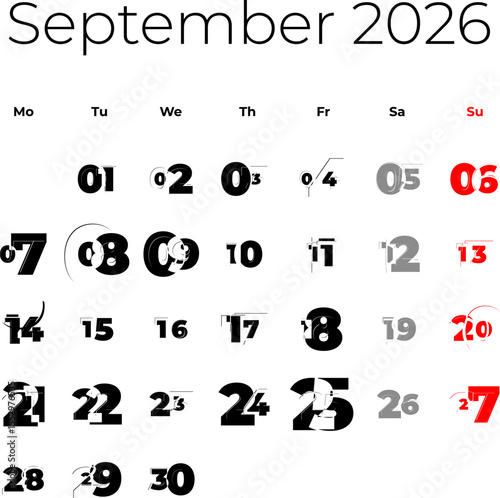September 2026 calendar. The week starts on Monday, vector