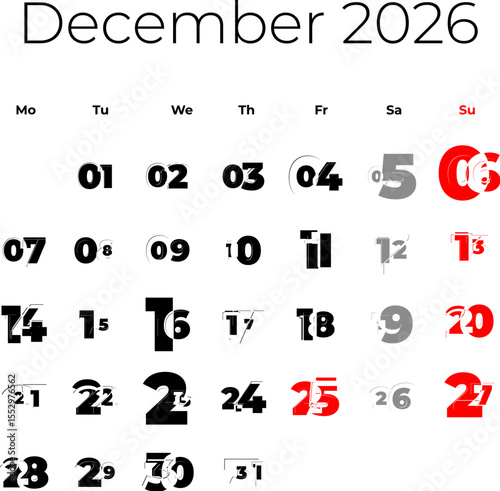 December 2026 calendar. The week starts on Monday, vector