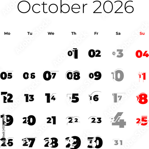 October 2026 calendar. The week starts on Monday, vector