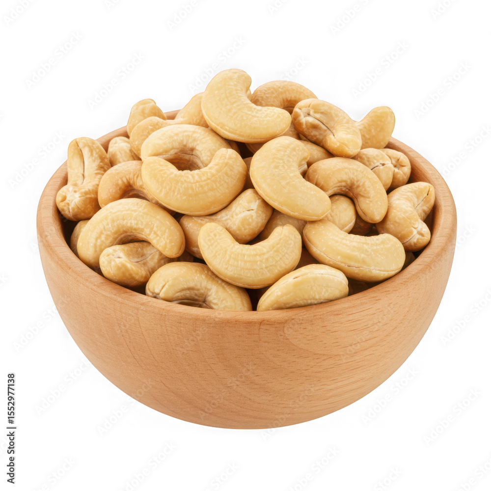 A wooden bowl filled with deliciously roasted cashew nuts isolated on transparent background A wooden bowl filled with deliciously roasted cashew nuts isolated on transparent background