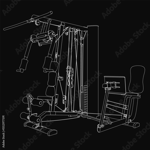 A sleek black and white vector illustration of a Body-Solid home gym machine on a dark background, featuring a weight stack, leg press, and lat pulldown for a full-body workout.
