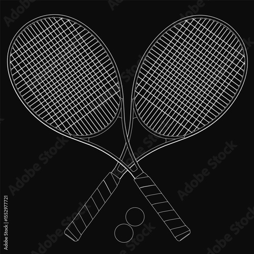 Two tennis rackets crossed on a black background with two balls scattered nearby, creating a dynamic sports composition. The clean, minimalist style highlights the equipment's sleek design
