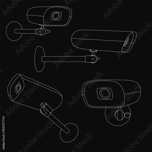 Four security cameras arranged in a row on a black background, each with a distinct design and shape. The surveillance devices range in color from black to white, showcasing clear details like lenses.
