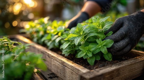 Small space herb farming with gloved hands tending planter box, micro herb garden care and compact vertical grow captured in neat soil rhythm and efficient green layout
