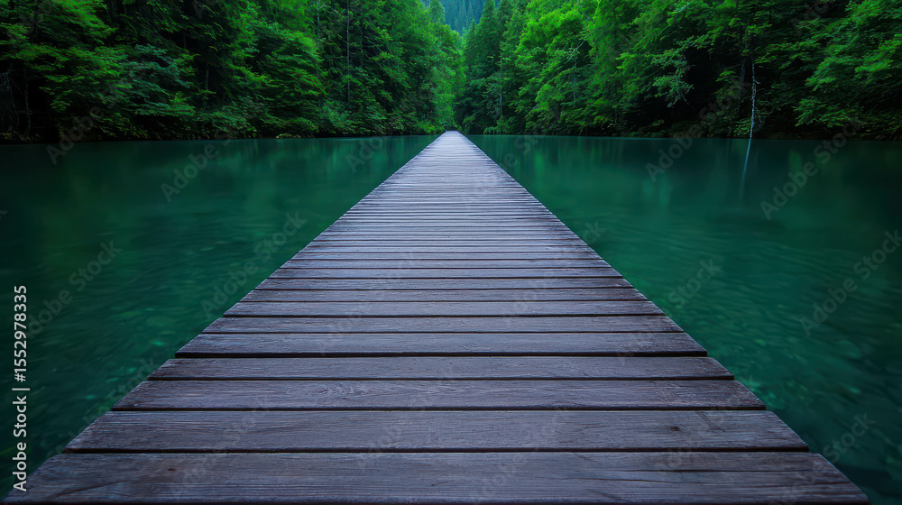 Fototapeta premium Serene wooden pier stretching into tranquil green waters surrounded by lush forest and distant mountains in a peaceful natural landscape