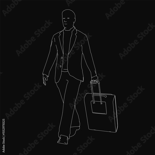 A confident businessman in a black suit and white shirt walks purposefully with a light brown briefcase in hand. His hair is neatly styled, and his determined expression conveys professionalism.