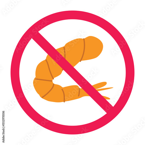 No cooked prawns sign, forbidden shrimp icon, cooked prawns prohibition symbol, shrimp allergy warning sign, do not eat prawns sign, seafood restriction icon
