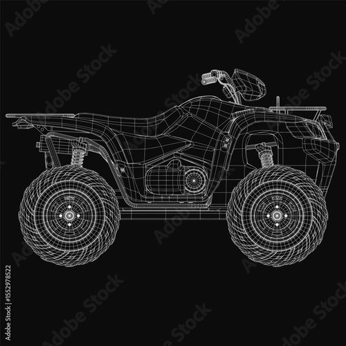 A 3D wireframe model of an ATV displayed on a black background, featuring intricate lines and smooth curves for a realistic appearance. The detailed mesh structure highlights the vehicle's design