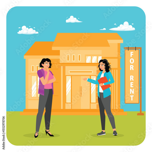 House for Rent. Real Estate Agent Showing Rental Property to Prospective Client.