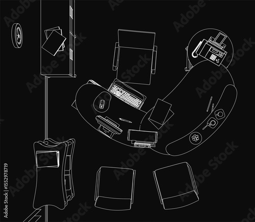 A black and white line drawing of a modern workspace featuring a computer, keyboard, and mouse on a sleek desk. The dark background highlights the clean, minimalist design, with additional office.