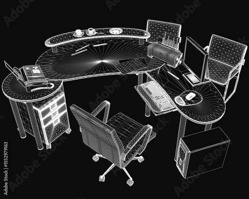 Modern 3D desk model with two sleek chairs and a computer setup, featuring a monitor, keyboard, and mouse on a dark background. The workspace appears professional and contemporary, ideal for office.