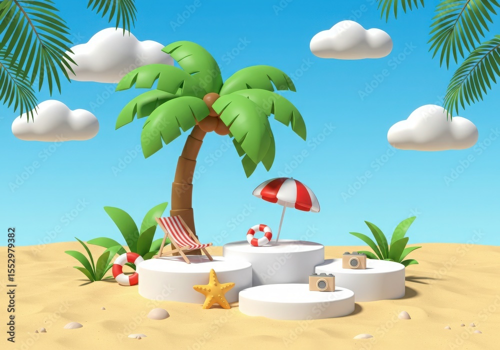 Obraz premium Stylized cartoon beach scene with a palm tree beach chair umbrella starfish cameras and life preserver on white podiums against a blue sky with clouds