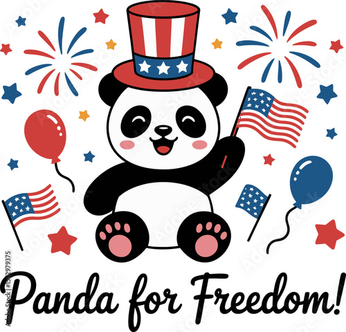 Smiling panda in Uncle Sam hat holding flags and surrounded by fireworks for panda for freedom quote  