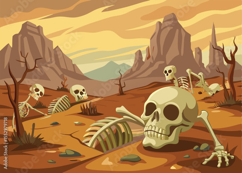 A desolate desert landscape, dominated by numerous skeletons and skulls scattered amidst cracked earth.