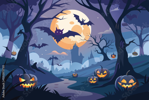 A vibrant Halloween-themed illustration featuring a mystical night landscape.