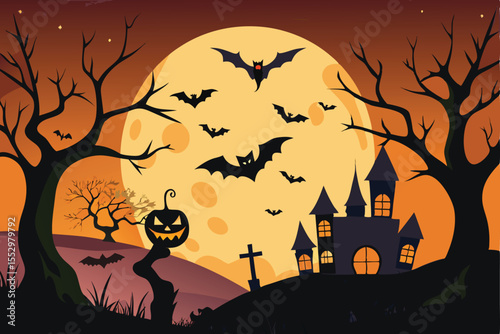 A vibrant Halloween-themed landscape featuring a silhouette of a spooky castle, jack-o'-lantern, and bats against a full moon.