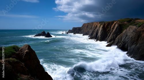 Dramatic seascape of rugged coastline and crashing waves