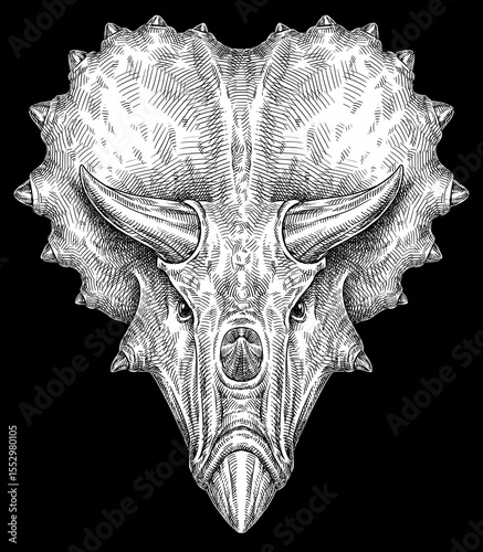 Vintage engraving isolated Triceratops set illustration reptile ink sketch. Dinosaur background silhouette Jurassic art. Black and white hand drawn image	