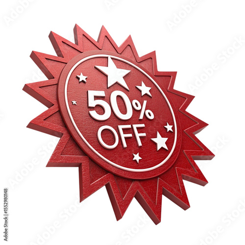 A red starburst badge with fifty percent off in white text on a black background for promotion use created with generated ai