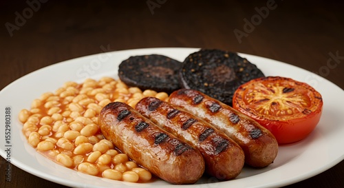 Savor the hearty goodness of a classic full English breakfast, complete with grilled sausages, baked beans, black pudding, and a perfectly roasted